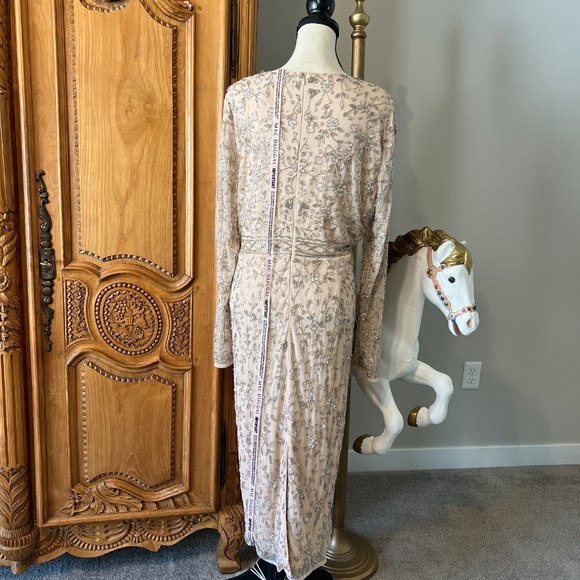 Mac Duggal 10812 Beaded Tea Length Dress Sheer Long Sleeves Women's Size 16 - Picture 4 of 11